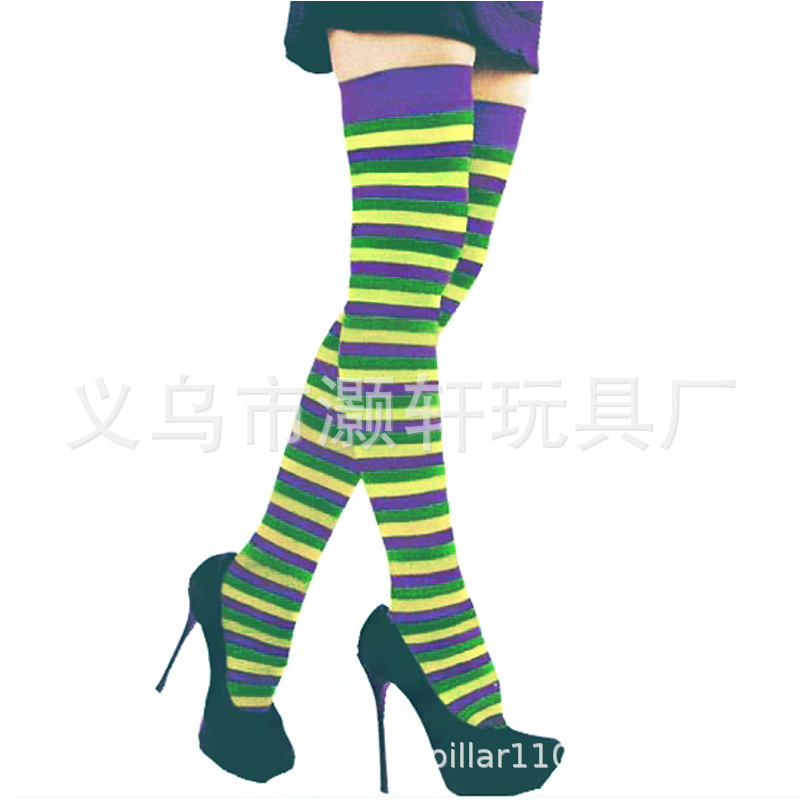 Cross Border special supply three color stripe over knee stockings Carnival yellow, green and purple color striped stockings with thick stockings Item Picture