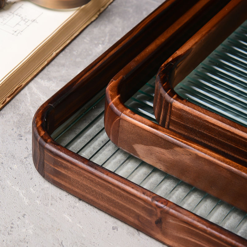 Changhong Glass Tray Simple Walnut Color Rectangular Tea Tray Storage Decoration Tea Cup Fruit Dessert Tray Application Scenario