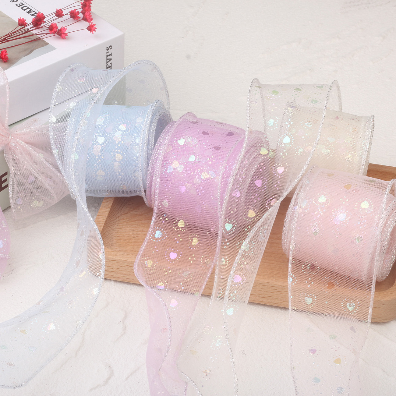 In stock: 5cm four-point seven-color heart-shaped embroidered ribbon bow shoes, floral craft accessories, fishtail yarn details Picture