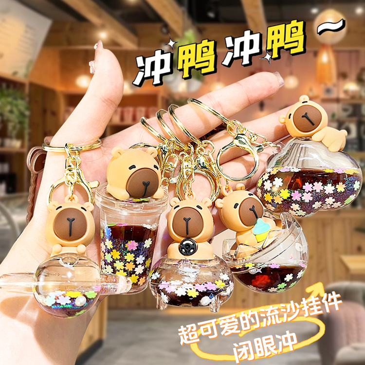 New acrylic Capybara capybara oil sand keychain schoolbag mini pendant couple key chain details Picture