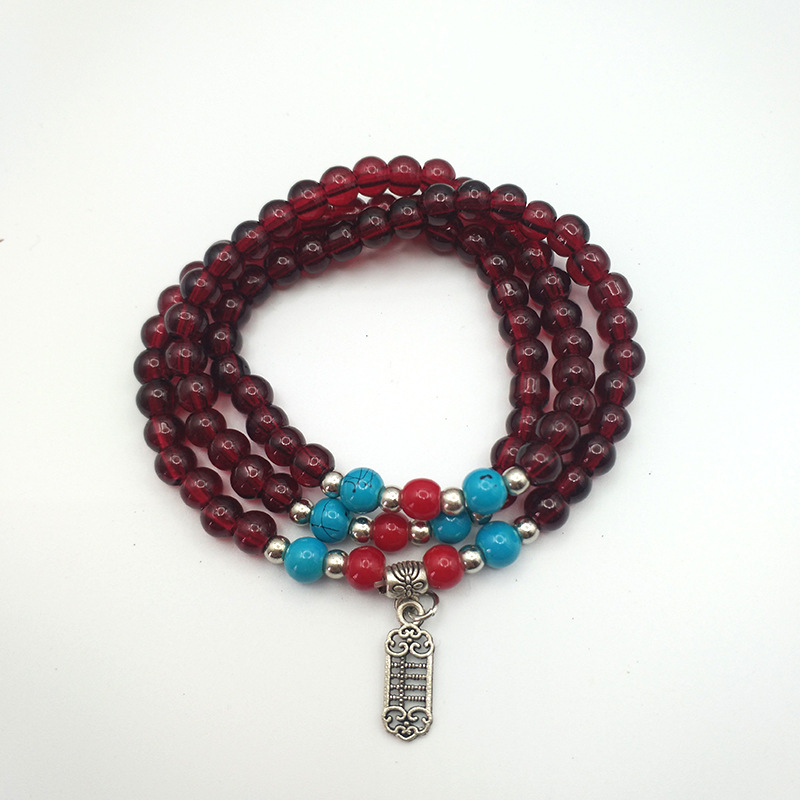 6mm garnet imitation three-circle bracelet, ethnic style multi-circle bracelet, Buddhist prayer beads, cultural and artistic jewelry, live-streaming supply benefits Item Picture