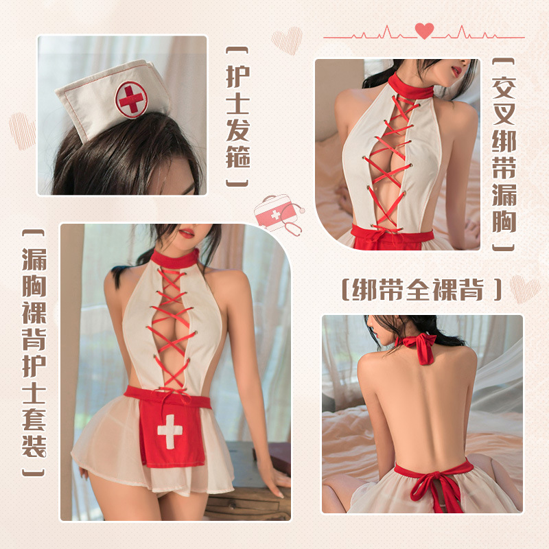 New sexy nurse leaky bare back set cross strap deep V see-through women's sexy underwear details Picture