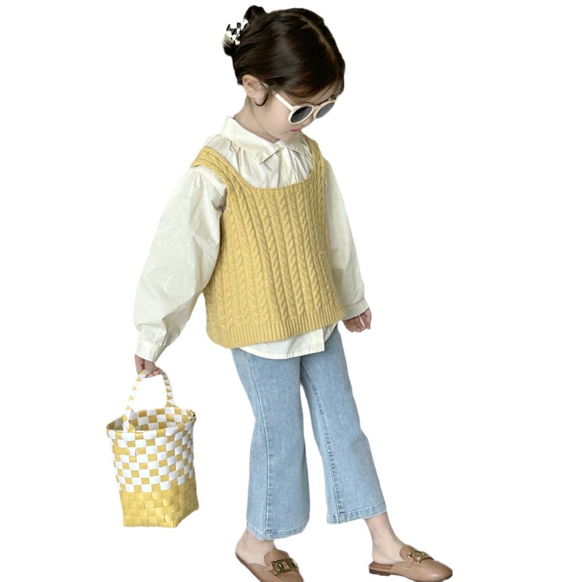 Children's stylish top 2024 Spring and Autumn new children's clothing, Korean-style lapel shirt, halter and woolen vest for little girls Item Picture