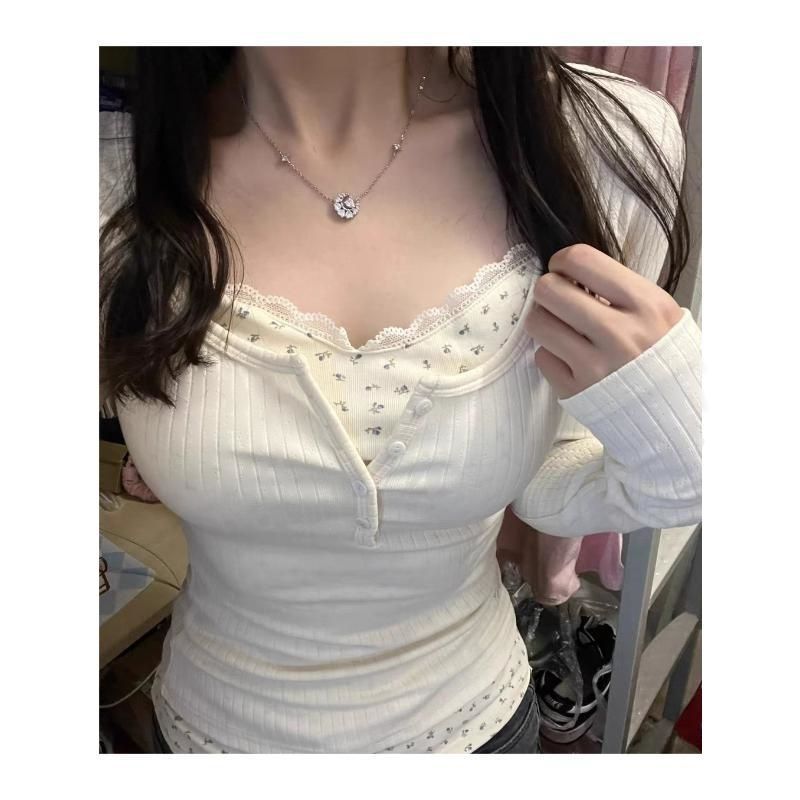 Two short American-style sweet and spicy slimming floral fake tops for women's spring pure desire style, unique and niche long-sleeved shirts