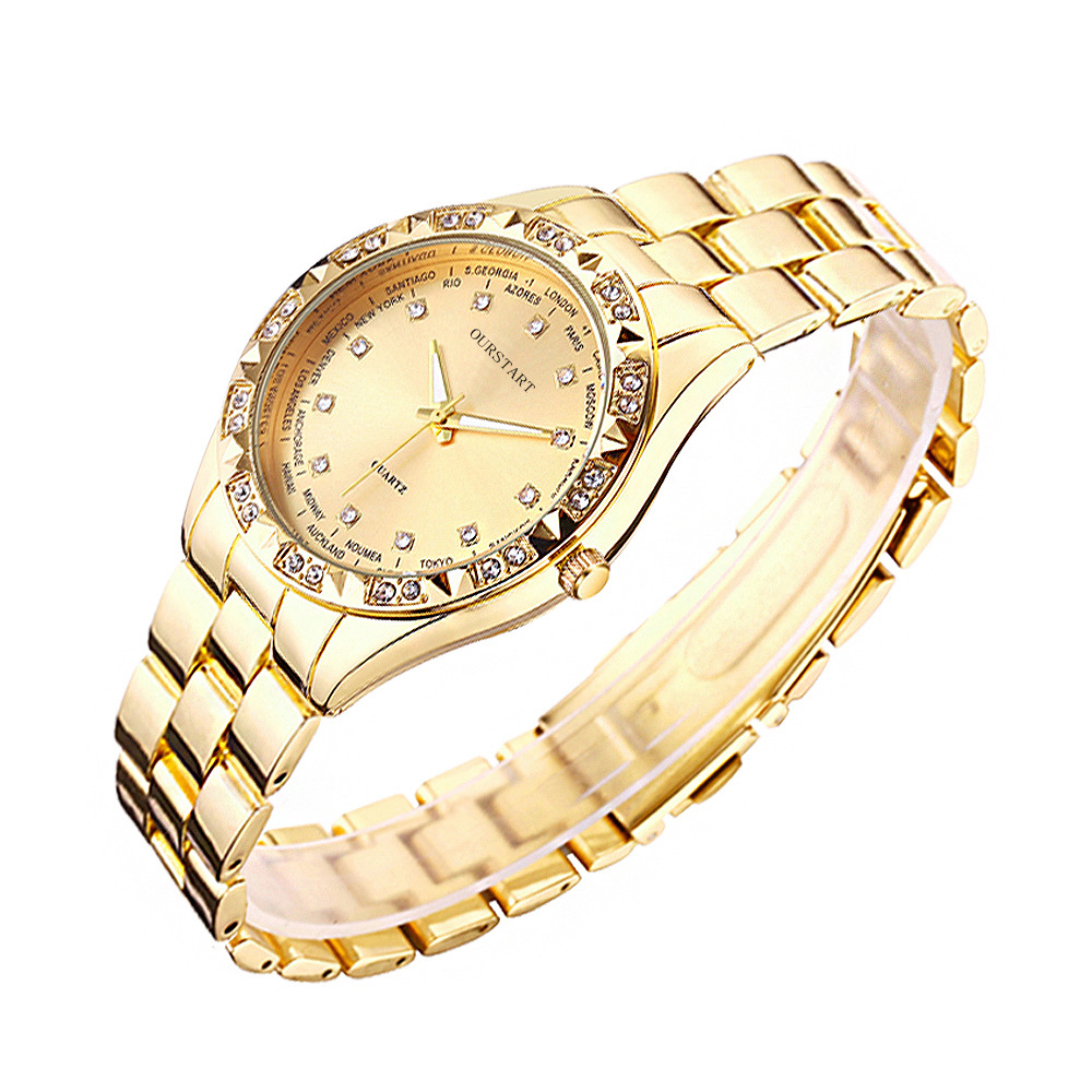 镶钻watch商务情侣手表批发 钢带金色石英表图