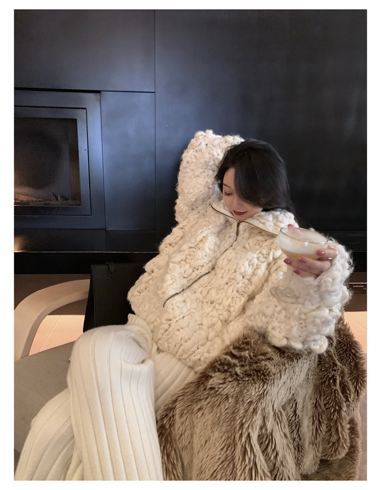 2021 Winter New Elegant Pure Handmade Thick Needle Thick Wool Lapel Cardigan Coat Sweater Item Picture