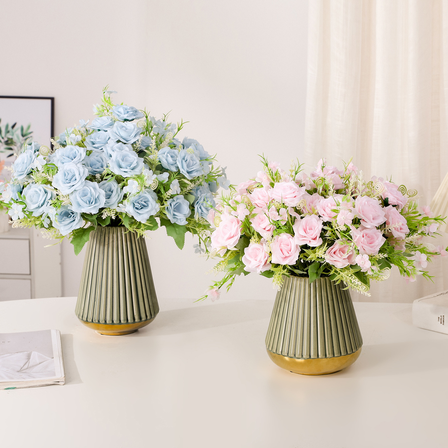 Silk Flower 5 Forks White Rose Fake Flower Simulation Flower Chibe Cape Rose Wedding Decoration Interior Decoration Simulation Bouquet Application Scenario