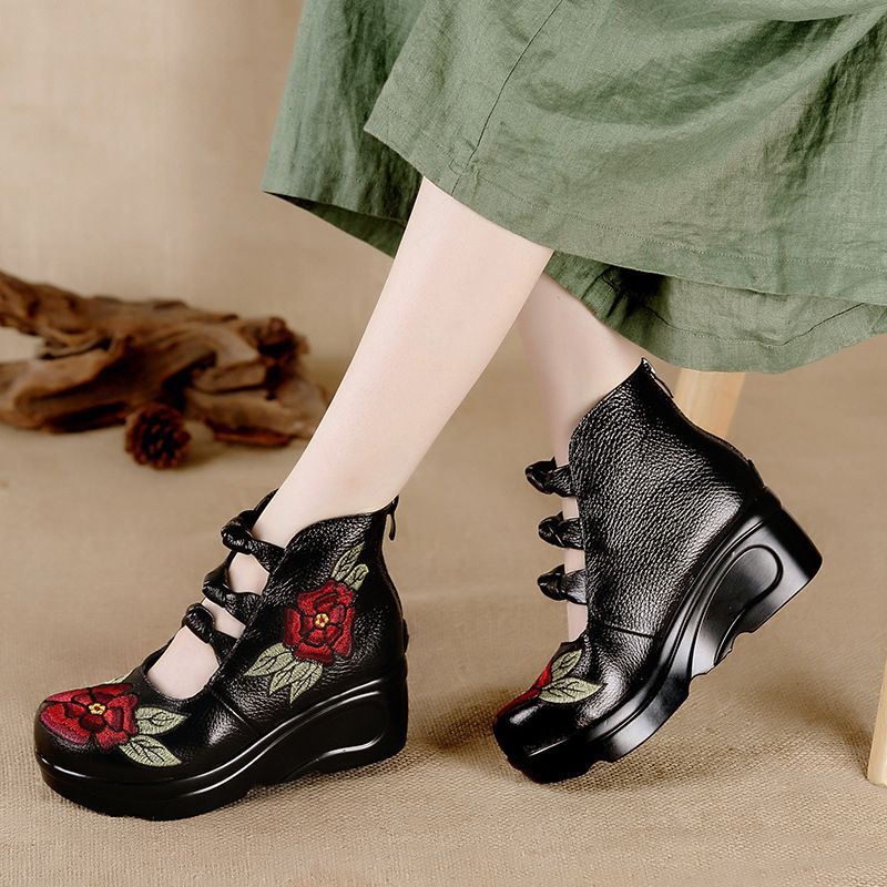 Vintage Ethnic Style Handmade Women's Shoes Embroidered Flowers Platform Slope Heel Shoes Middle-Aged Mother Shoes Leather Shoes