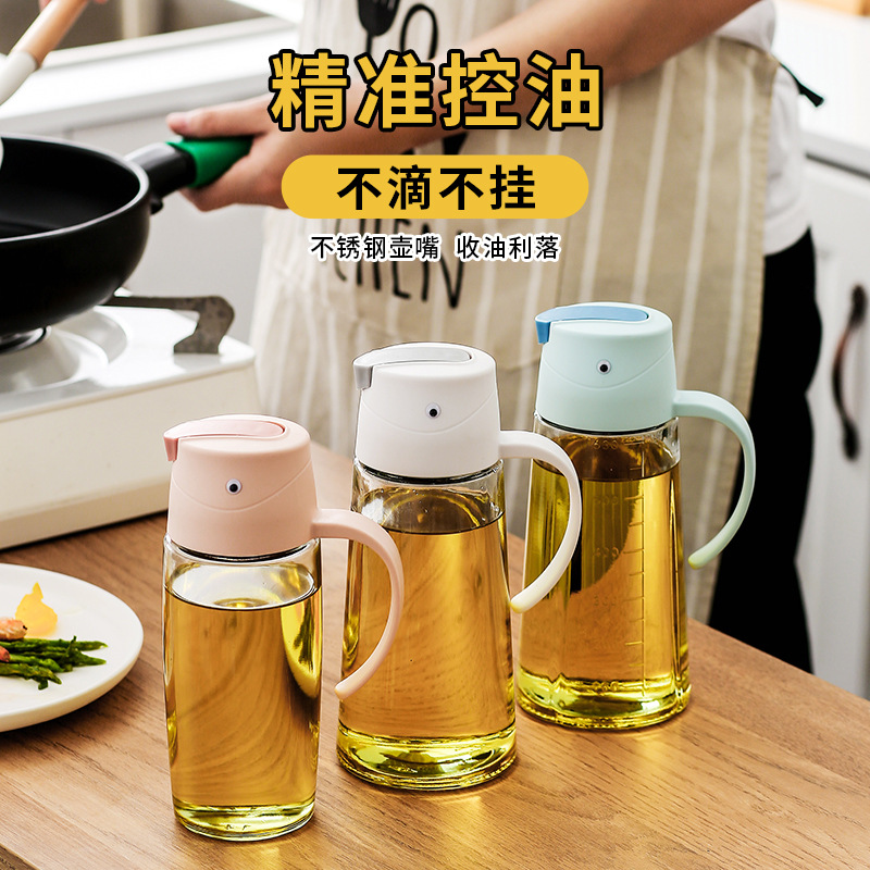 玻璃油壶家用厨房用品带把鹦鹉自动开合开盖油瓶不挂油调料瓶控油