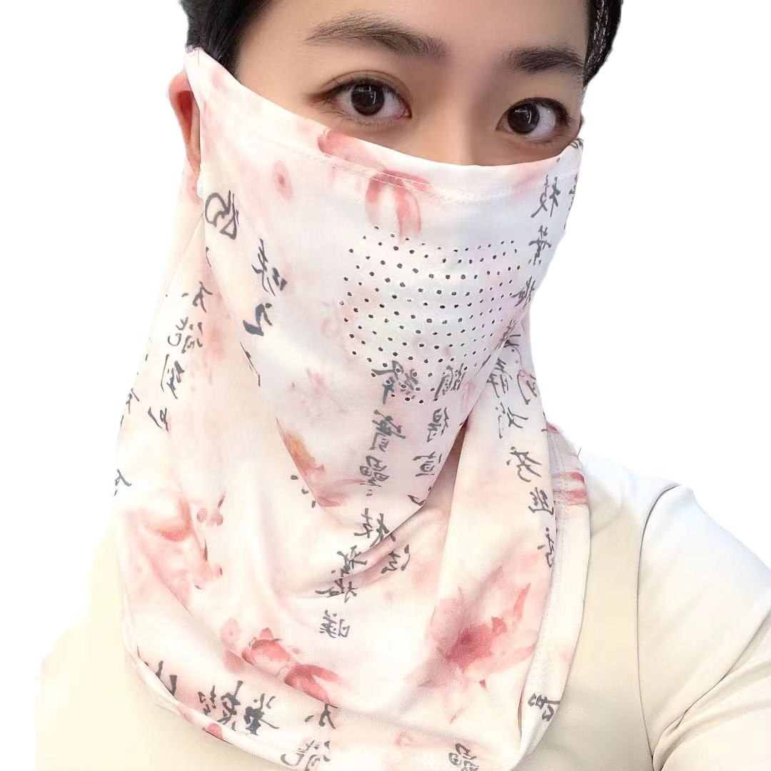 Summer sun protection and shading face mask, women's Chinese-style outdoor full-face neck protection and neck wrap, one-piece ice silk ear-hanging neck cover Item Picture