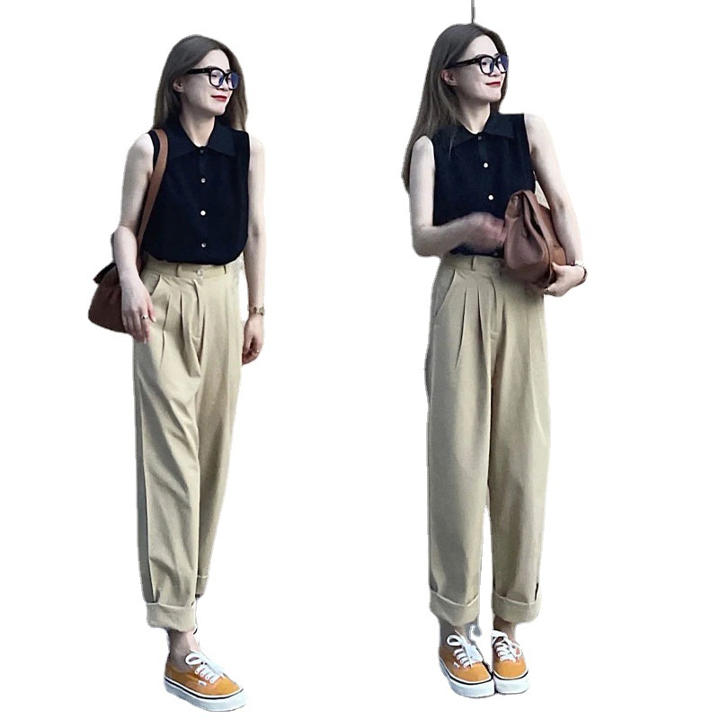 High-waisted straight-leg khaki suit pants for women, summer thin pants, wide-leg sport sweatpants, casual Harun long pants Item Picture
