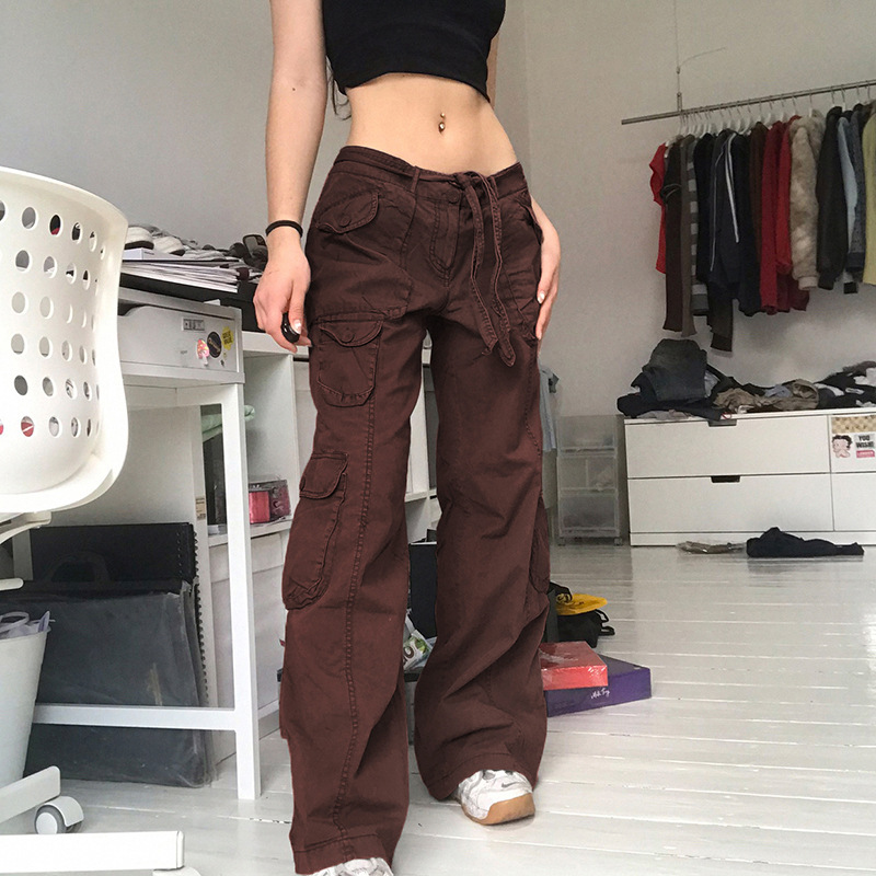 Grey multi-pocket work pants for women, 2022 new style of European and American style women's pants, hot girl low-waisted loose casual denim pants Specification image