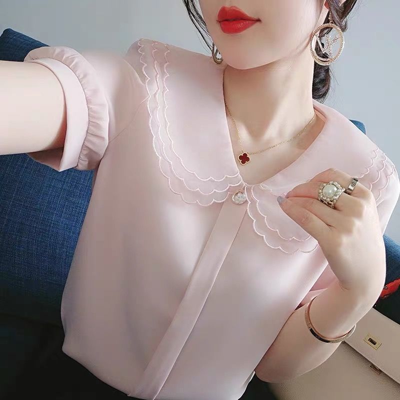 Short-sleeved chiffon shirt for women 2023 Summer New style Korean schoolwork style, stylish and youthful, with a doll-collar shirt for women details Picture