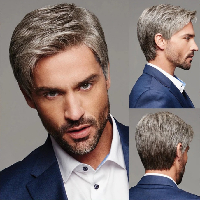European and American style men's gradient gray and silver wig, short straight hair, high-temperature silk chemical fiber men's full head hairstyle in stock details Picture