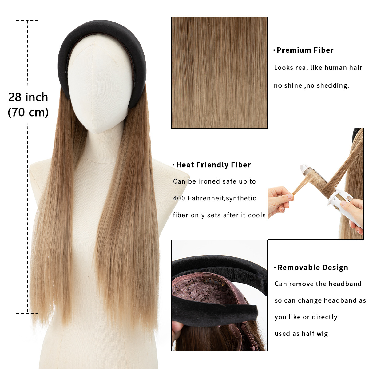 SARLA wig, long hair band wig for women, European and American export long straight hair band wig, one-piece head cover details Picture