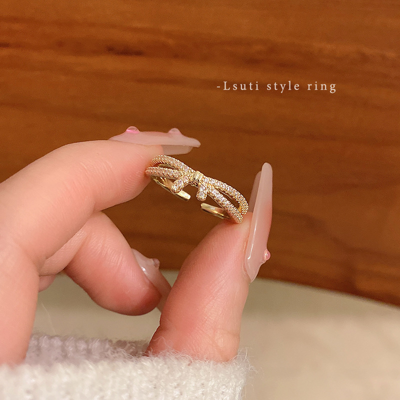 微镶锆石蝴蝶结开口戒指女复古轻奢高级感食指环2024年爆款手饰品