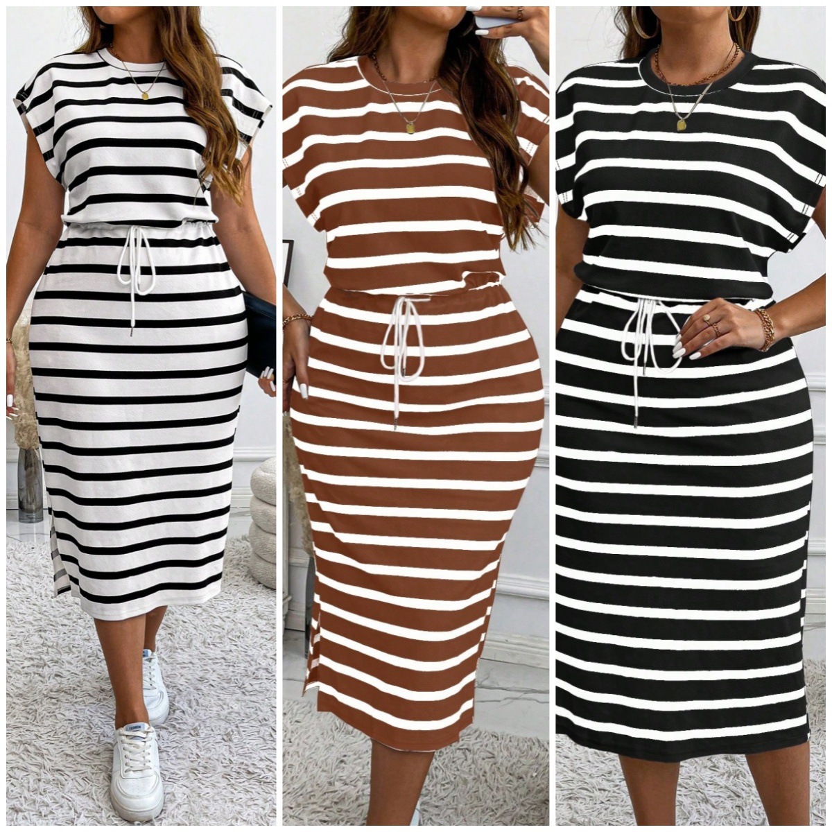 Cross-border European and American women's clothing, Amazon and AliExpress independent station, large-sized batsleeved drawstring striped dress for summer full figure