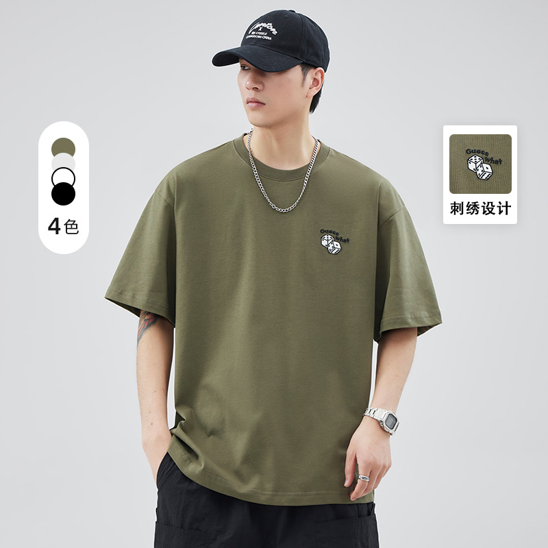 Men's 250g pure cotton embroidered short-sleeved T-shirt, Japanese style simple couple loose round-neck half-sleeved top for summer
