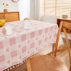 Wholesale of pink checkered heart-shaped printed fabric rectangular household anti-slip tablecloth with tassel dust-proof tablecloth Specification image
