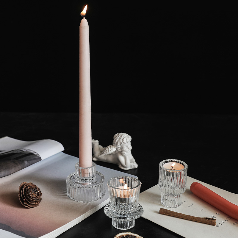 Nordic Vertical Stripes Relief Retro Double Head Glass Candlestick Creative Table Top Romantic Restaurant Table Top Decoration (Price Negotiable)