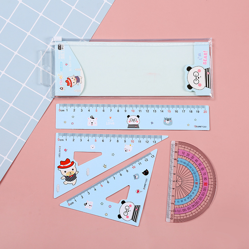 2021 new set of ruler cartoon student ruler set 20cm ruler triangle protractor color printing ruler details Picture