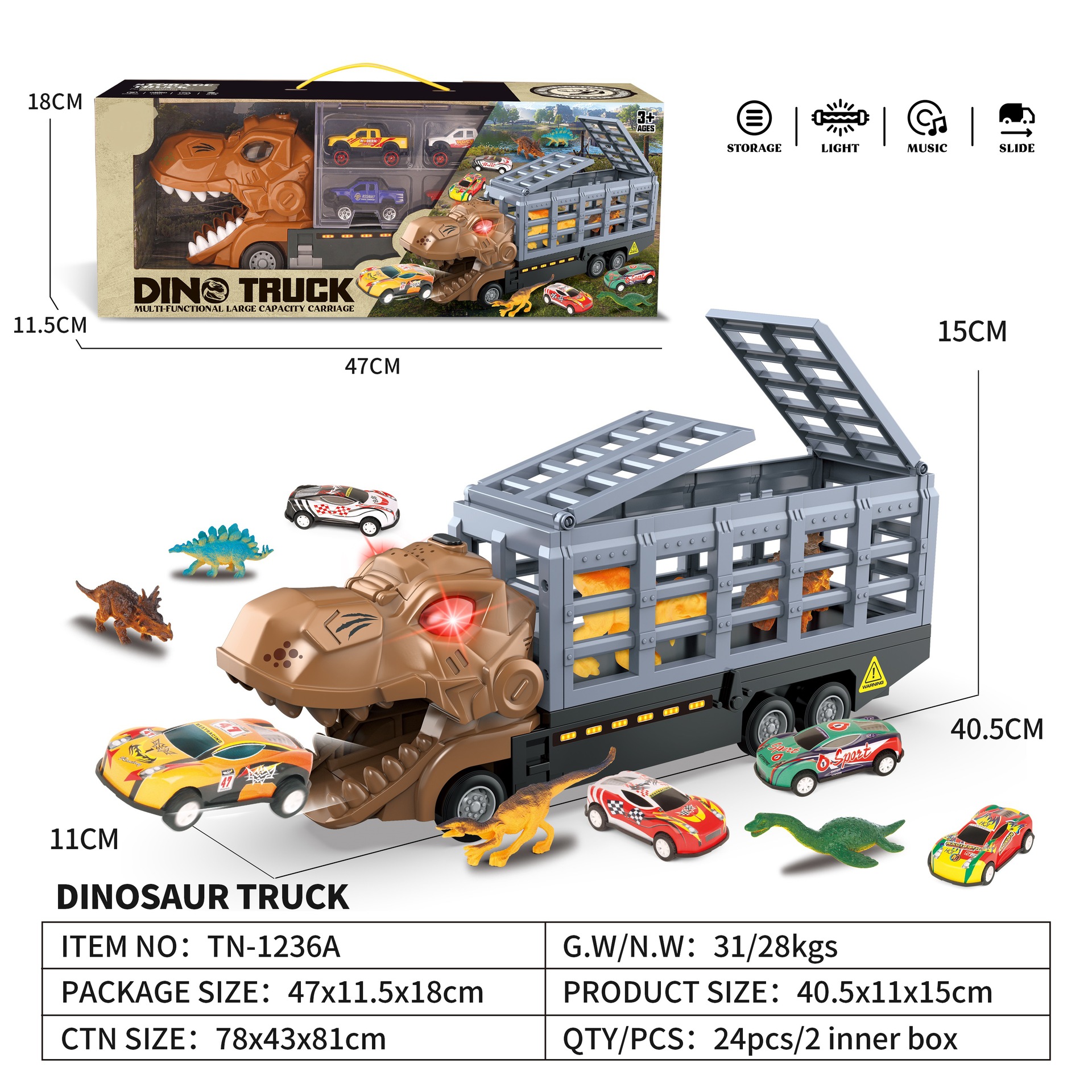亚马逊跨境儿童三层恐龙货柜折叠收纳弹射合金小汽车模型玩具车详情2