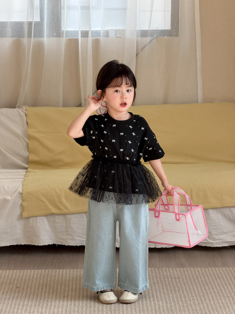 Moli Family Girls' Korean-style patchwork fabric short-sleeved full-printed bow T-shirt, children's fashionable short-sleeved top, baby T-shirt pic 10