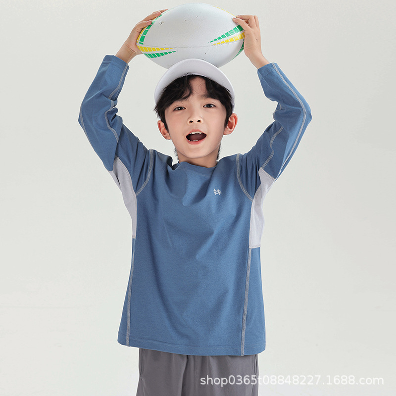 Spring 2025 new Boys' versatile sporty color-blocked long-sleeved T-shirt, round-neck top, base layer, breathable details Picture