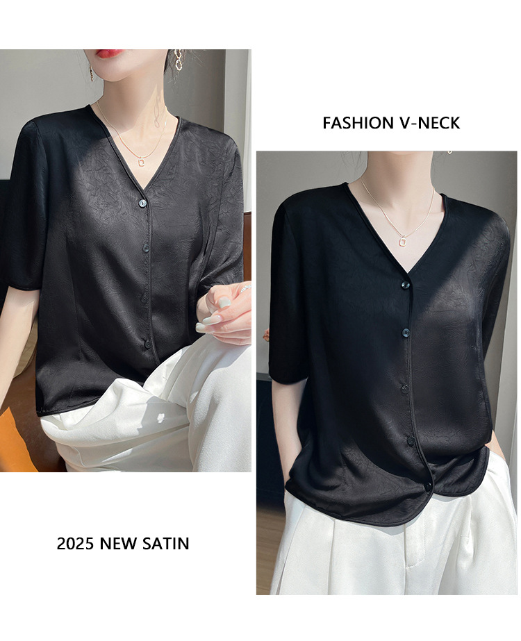 French acetate satin shirt women's summer solid color loose short top, high-end V-neck straight shoulder mulberry silk T-shirt pic 24
