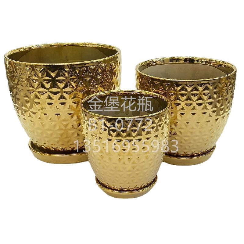 Nordic large diameter electroplated gold and silver flowerpot Round ceramic plant ware simple large flowerpot outdoor home decoration Item Picture