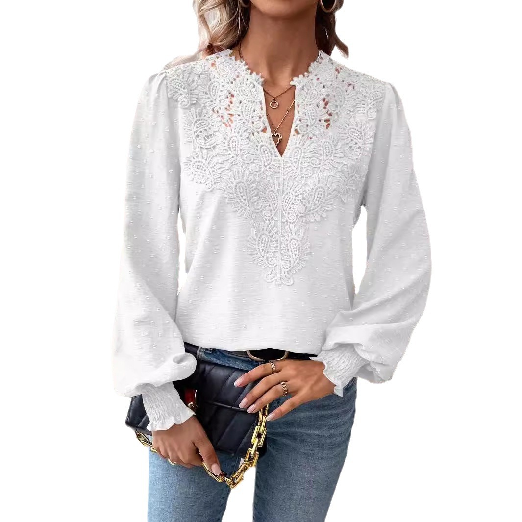 The new autumn and winter fashion V-neck lace solid color long-sleeved casual T-shirt for women on Amazon Cross-border in Europe and America in 2024 Item Picture