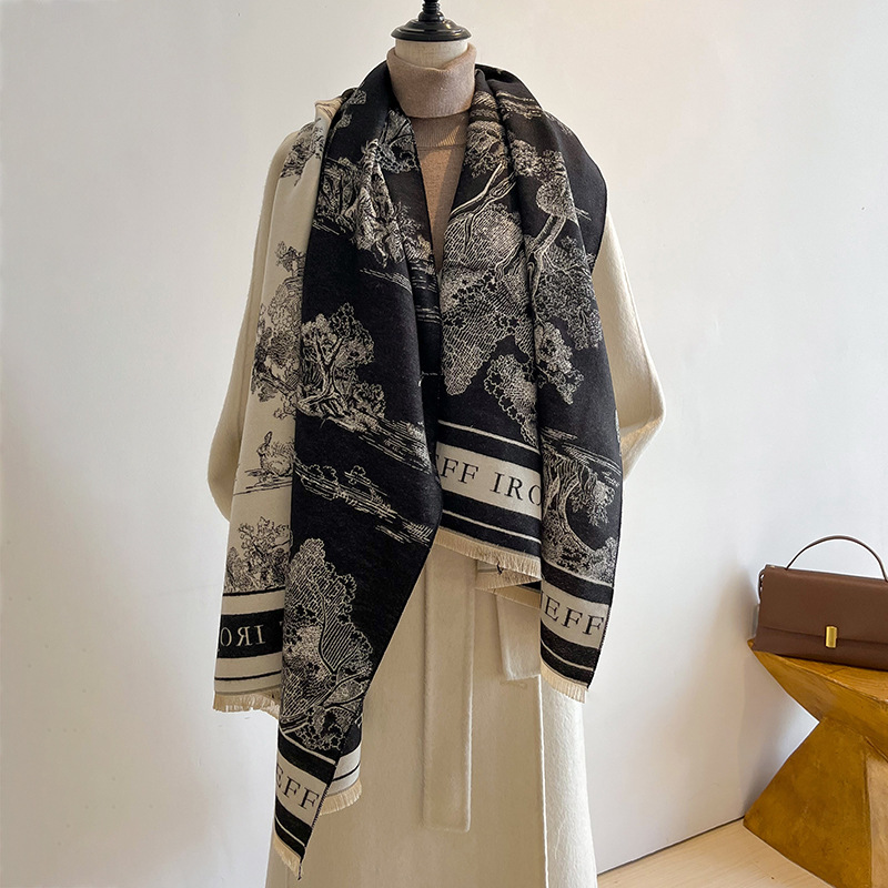 Jacquard landscape painting imitation cashmere scarf, thick and warm long trendy cross-border scarf for women's office air-conditioned room Specification image