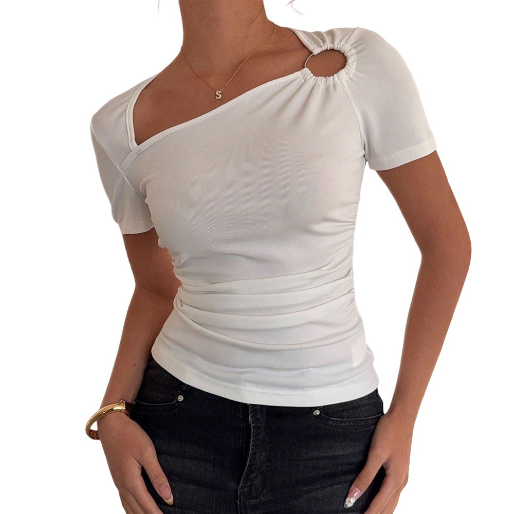 Cool and mature woman style T-shirt 2025 Summer TK Amazon Export women's clothing slimming and waist-cinching solid color short-sleeved top Item Picture