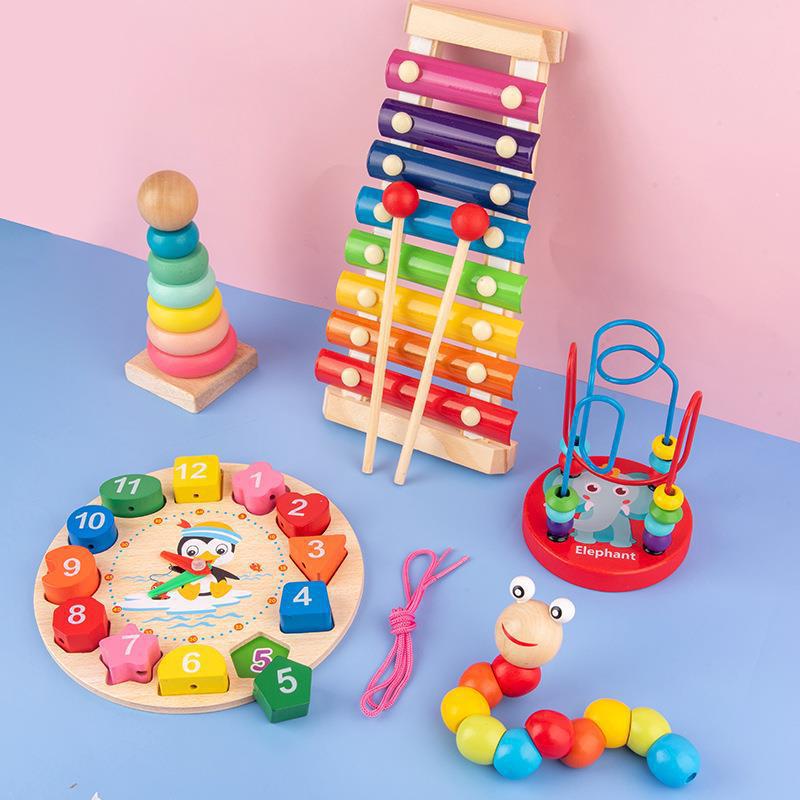 婴幼儿童八音手敲琴串珠绕珠扭扭虫彩虹塔宝宝早教益智力木制玩具图