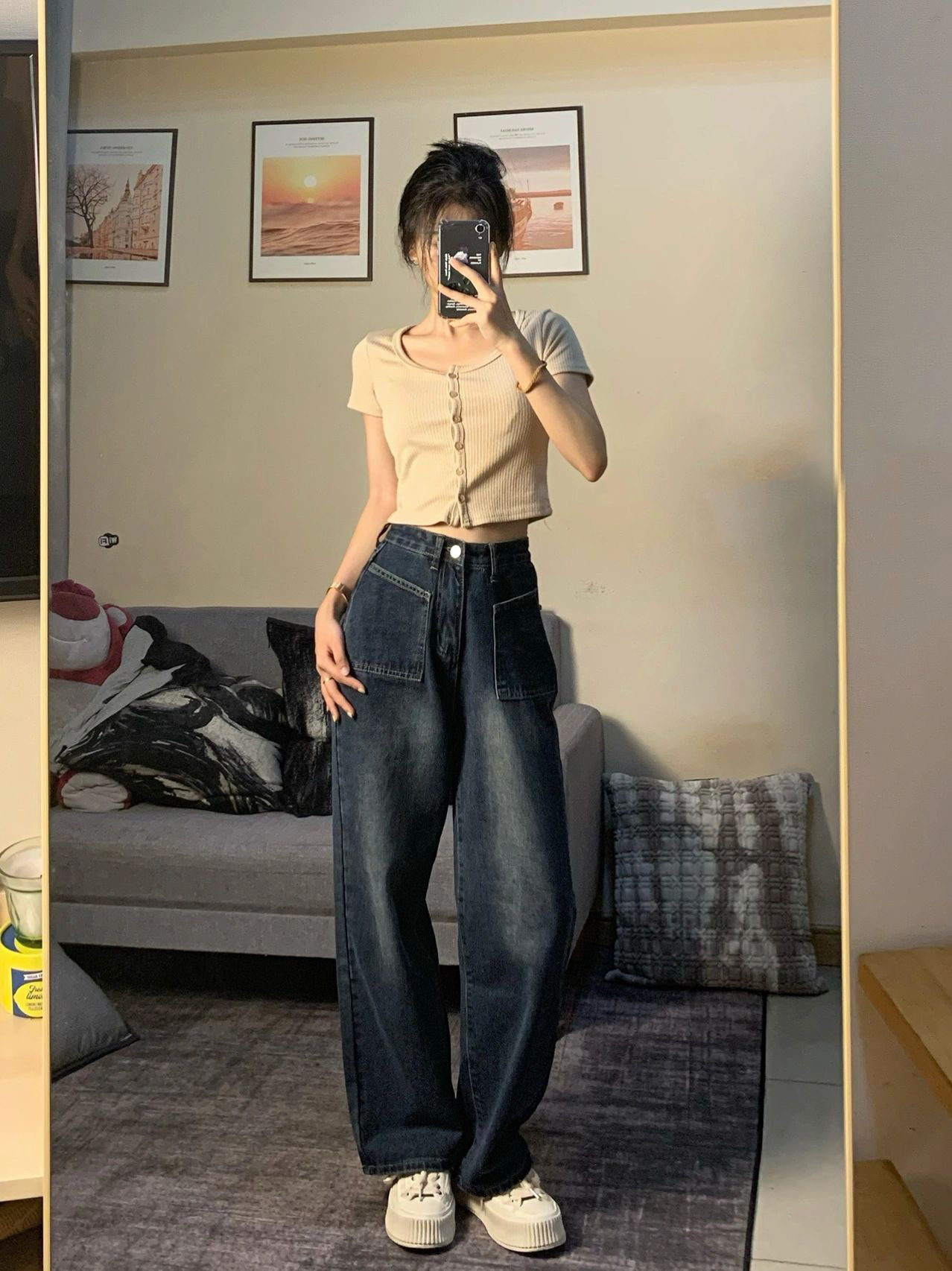Spring and summer high-waisted retro vibe wide-leg jeans with a slimming design for women, American high street ins narrow version, straight ahead Item Picture