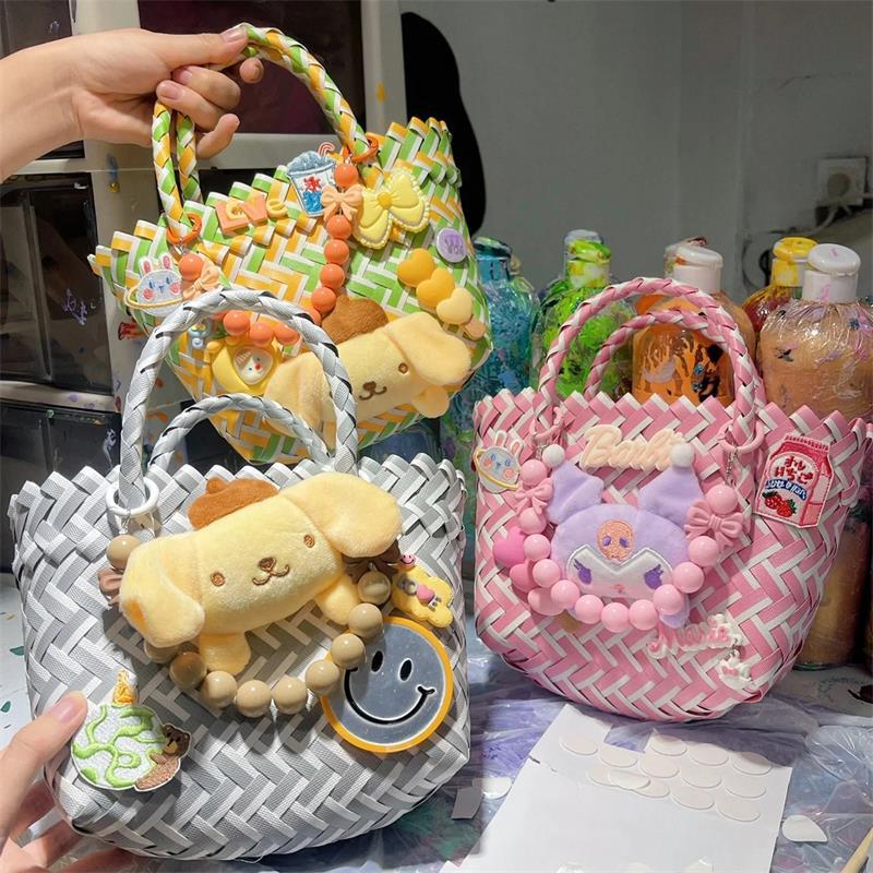 Offline Pop-Up Business Stall Basket Bag Pe Packing Belt Woven Hand Bag With Hand Gift Plastic Woven Bag details Picture