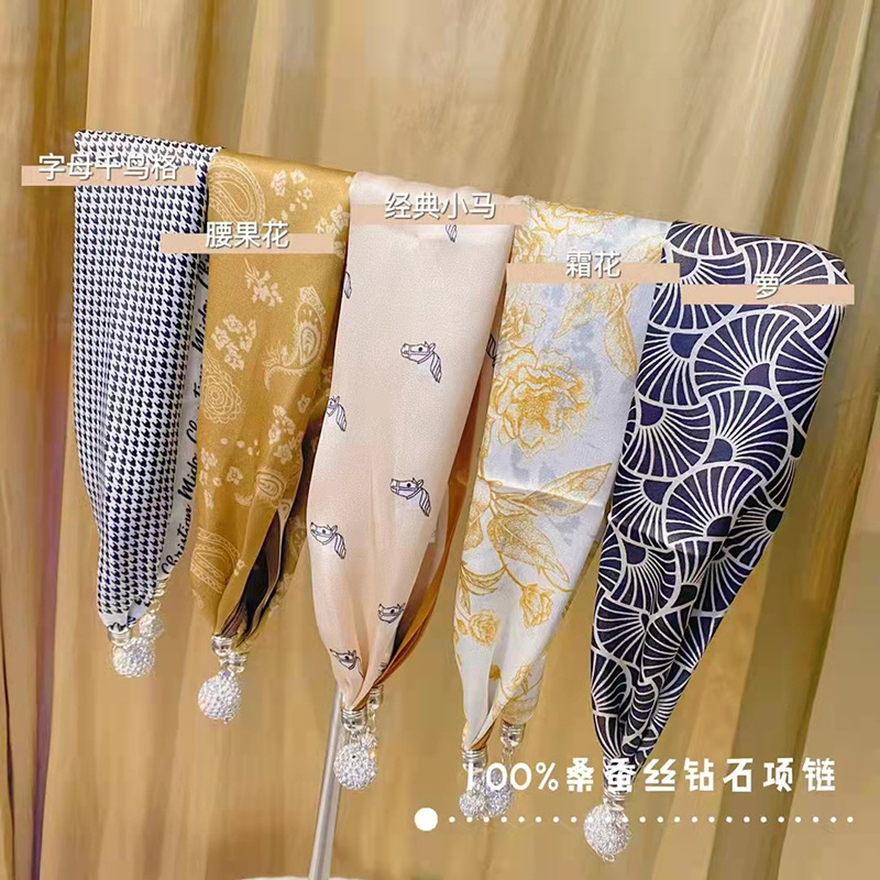 真丝领巾磁扣小丝巾/桑蚕丝百搭锁骨丝巾/钻石项链产品图