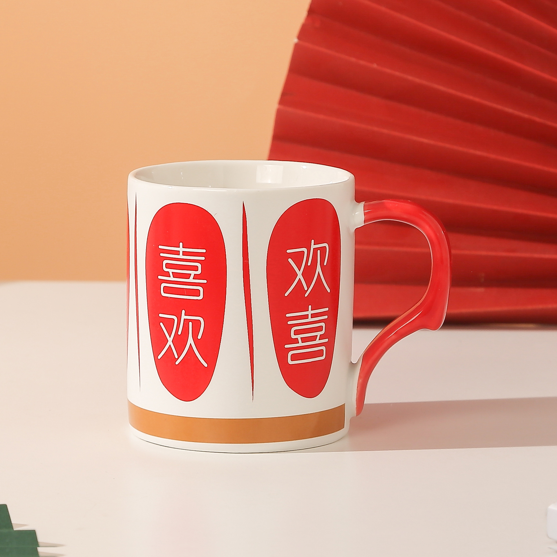 A retro, high-appeal, red, festive, "Xi" character ceramic mug for wedding gifts details Picture