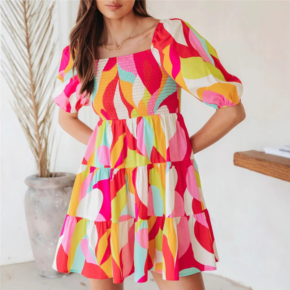 2025 Amazon Independent Store European and American one-neck pullover geometric pattern ladylike sweet loose short-sleeved dress Specification drawing