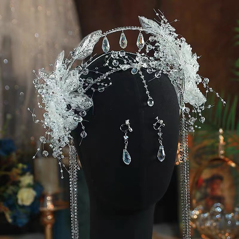 Luxury Crystal Fringe Hair Band Super Fairy White Veil Holy Lady Crown Wedding Dress Item Picture