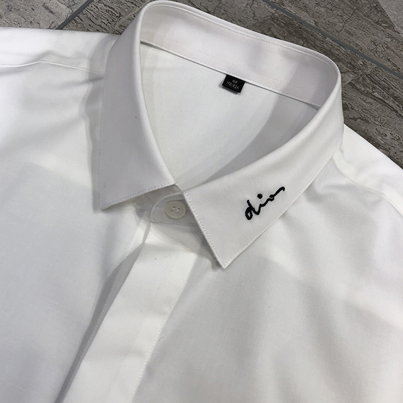 Summer new men's slim-fit Tencel cotton no-iron fashionable business shirt with a small signature embroidered short-sleeved shirt collar details Picture