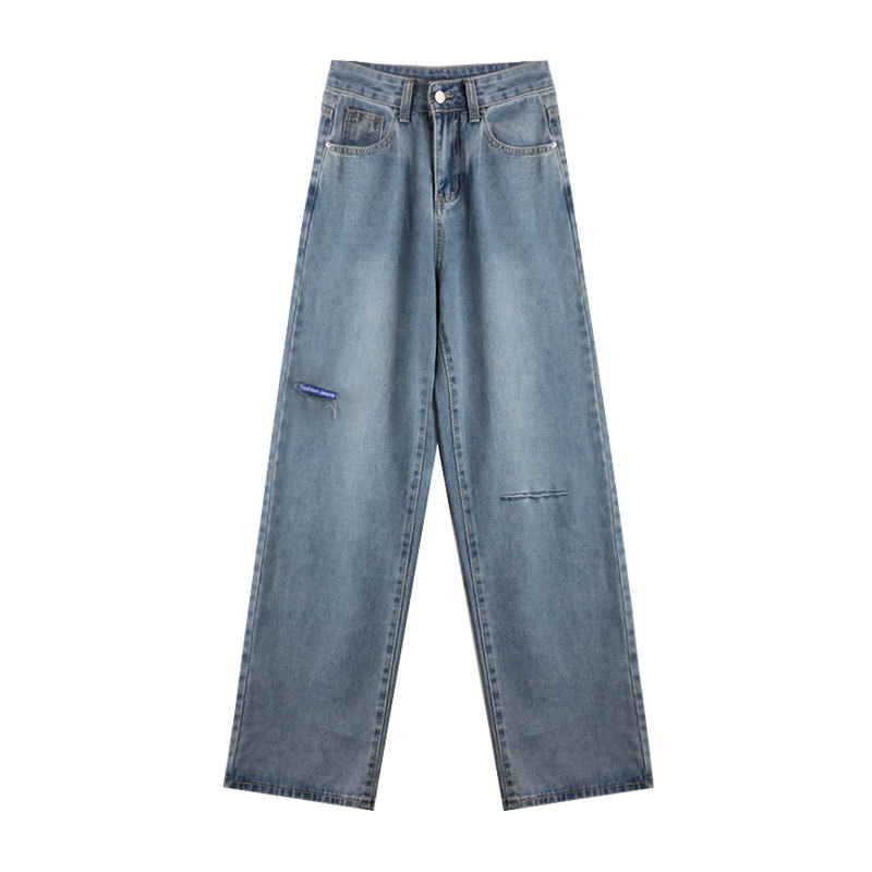 Ripped jeans for women's summer 2022 new design, high-waisted and slimming wide-leg pants, ins style straight-leg long pants Item Picture