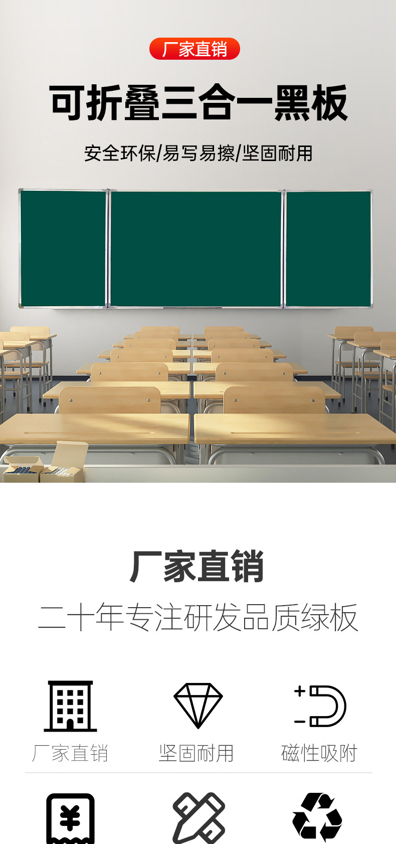 挂墙式树脂双面折叠板三合一办公教学写字磁性绿板搪瓷板折叠白板详情2