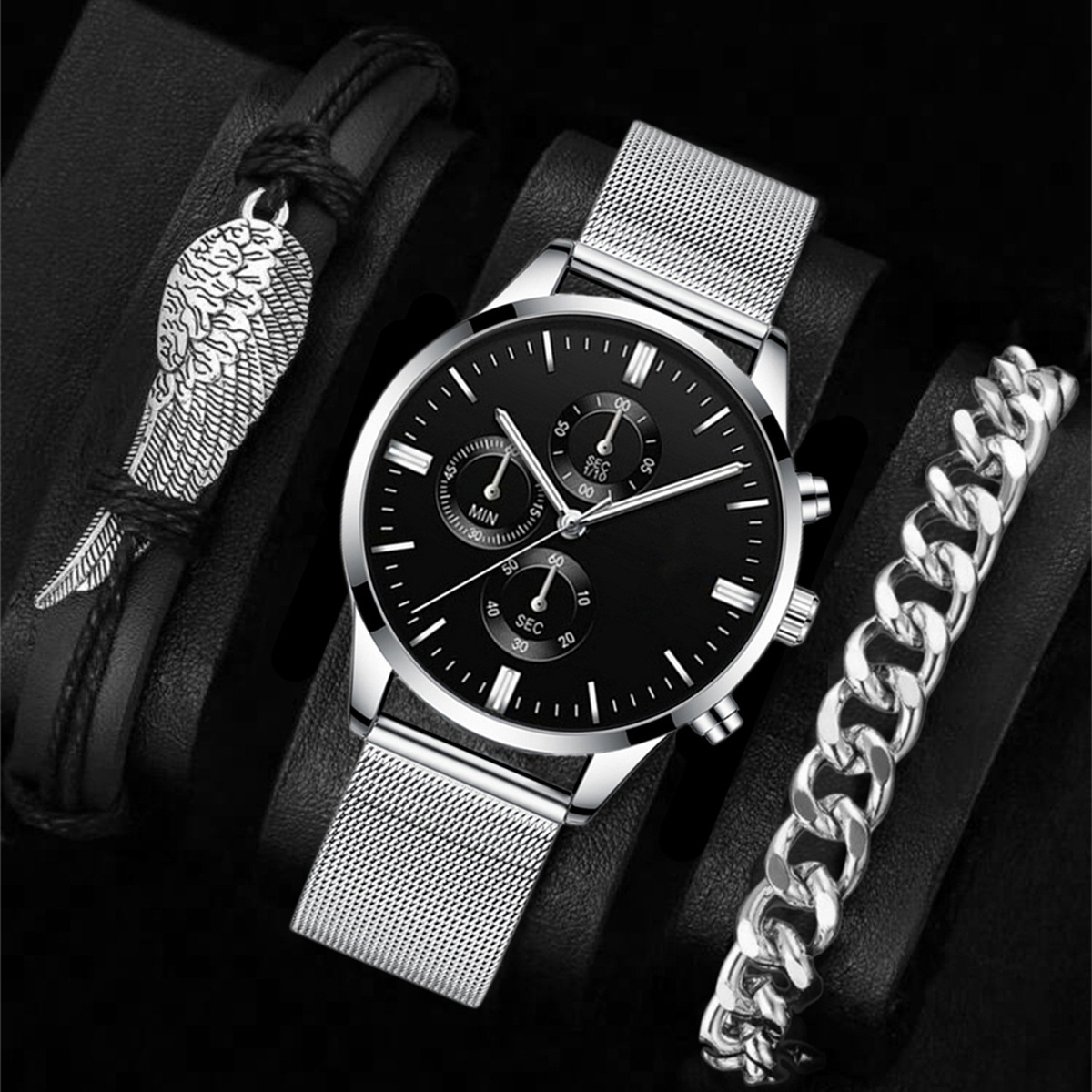 Cross-Border Explosive New Men's Foreign Trade Wholesale Fashion Belt Watch Watch Bracelet Set Fashion Casual Specification drawing