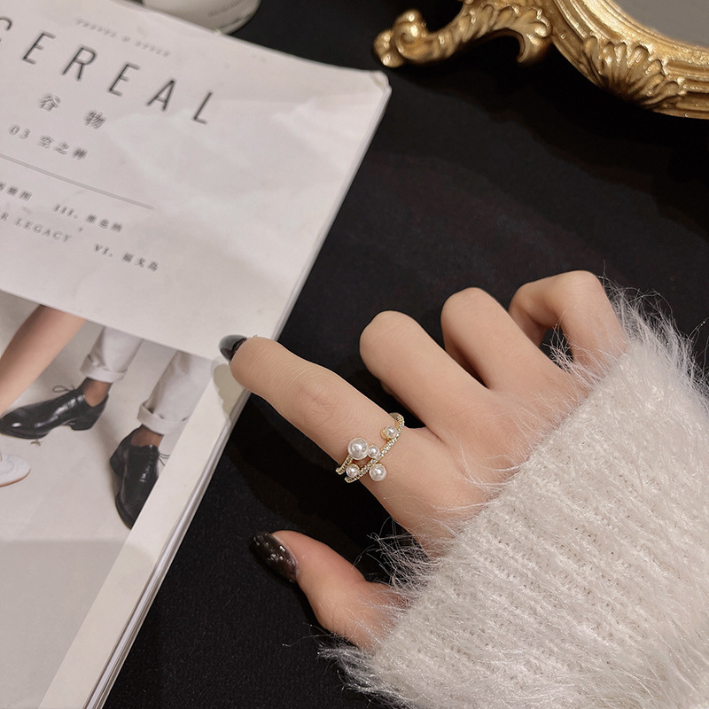 Japanese And Korean Simple Temperament Adjustable Ring Female Korean Light Luxury Pearl Open Ring Net Red Retro Personality Food Ring details Picture