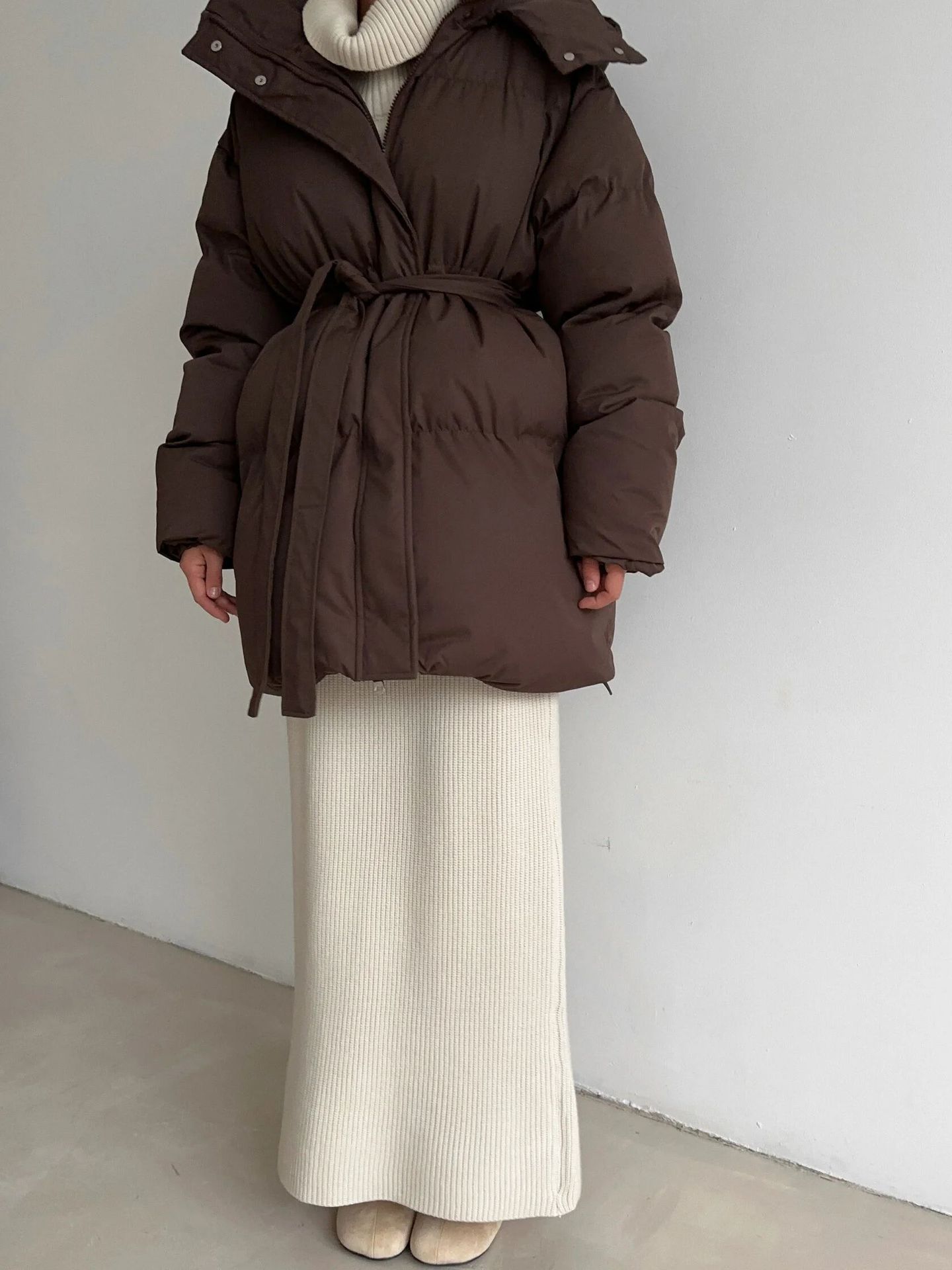 European and American style 2025 casual waist-cinching slimming hooded mid-length bread cotton-padded jacket for women, thickened cotton-padded jacket jacket in brown pic 8