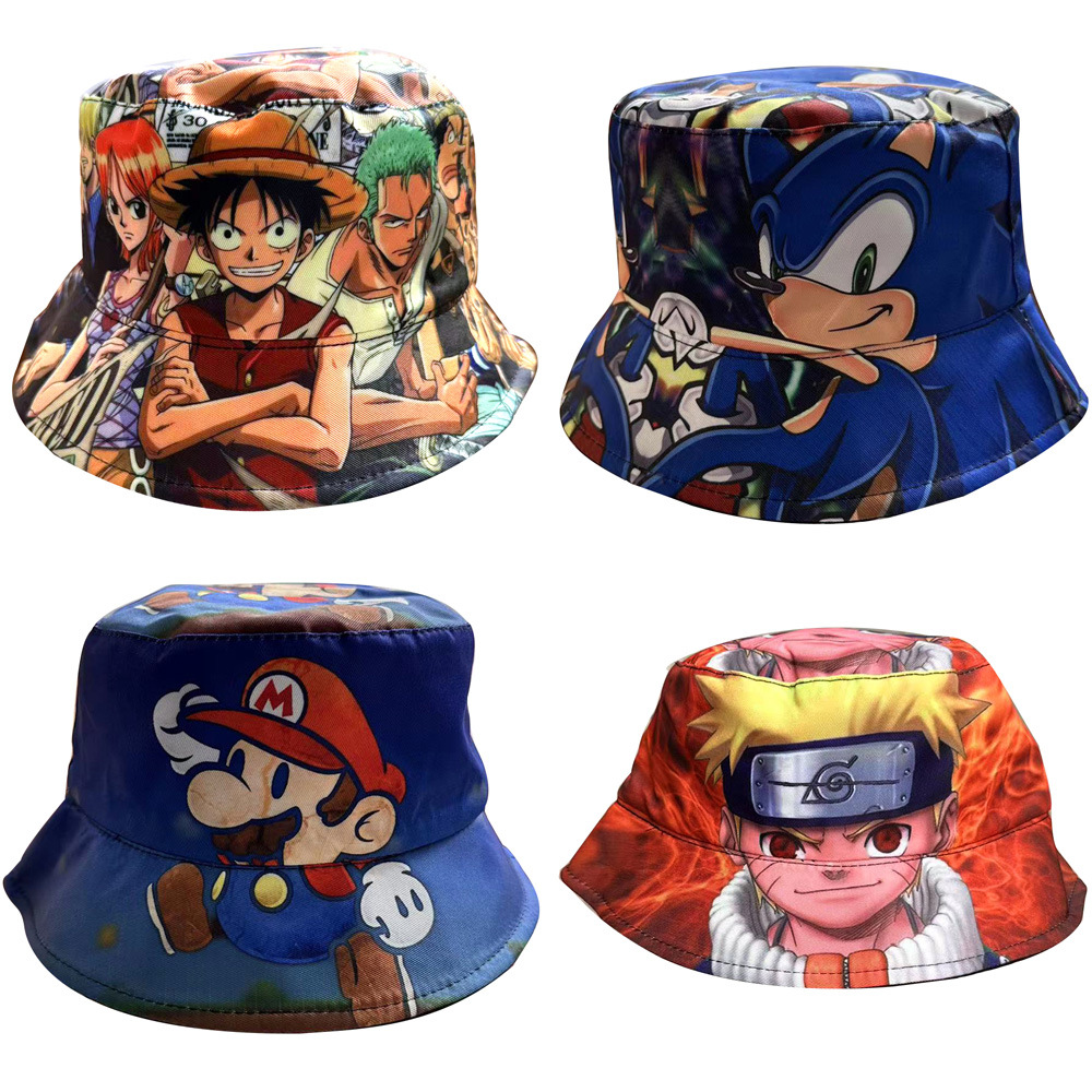 Cross-Border Animation Peripheral Printed Fisherman Hat One Piece Naruto Cartoon Mario Sunshade Hat Sonic Basin Hat