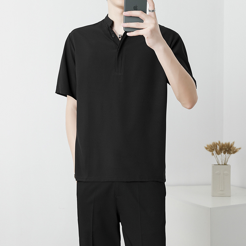 Verano cuello alto manga corta camiseta hombre ligero negocios color sólido media manga tendencia korea versión versátil casual polo hombre Specification image