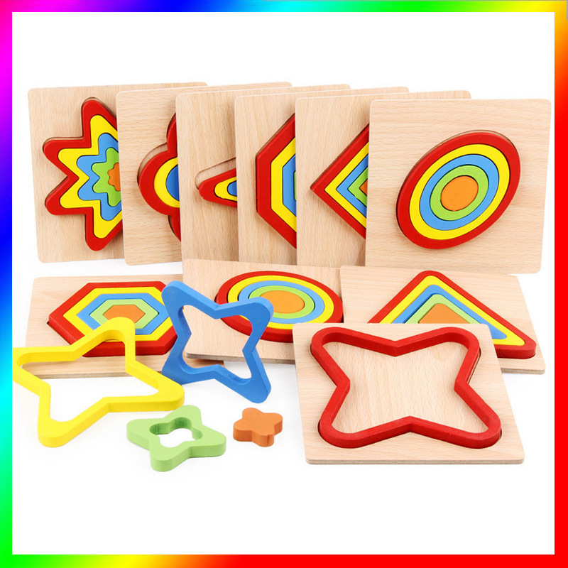 Rainbow puzzle geometric shape ring cognitive toy Children's wooden hand-grabbed board 0.13 three-dimensional assembly board Cross-border