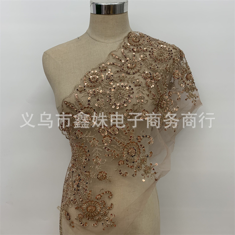 High-end wedding dress and evening gown accessories made of polyester three-dimensional nailing beads, flower beading, lace flower applique and sequined mesh fabric Specification image